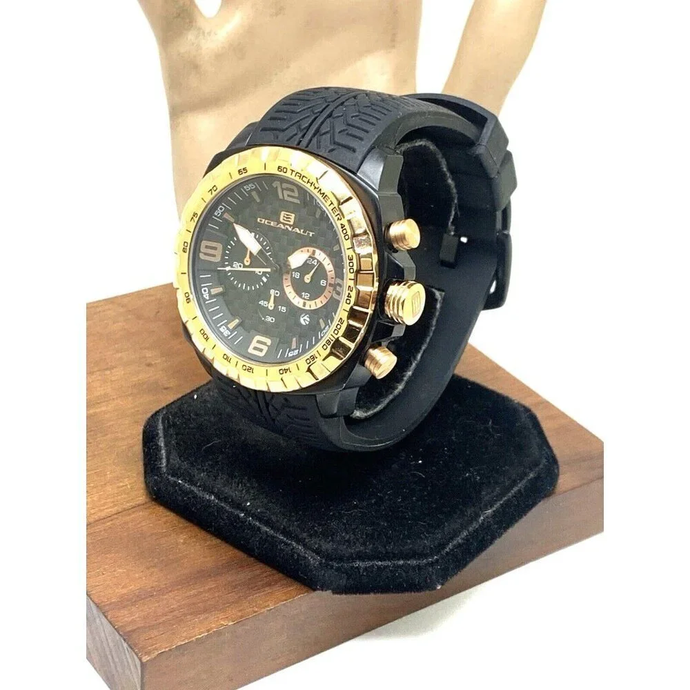 Oceanaut Men's Watch OC1121 Quartz Chronograph Gold Black Dial Rubber Band 47mm